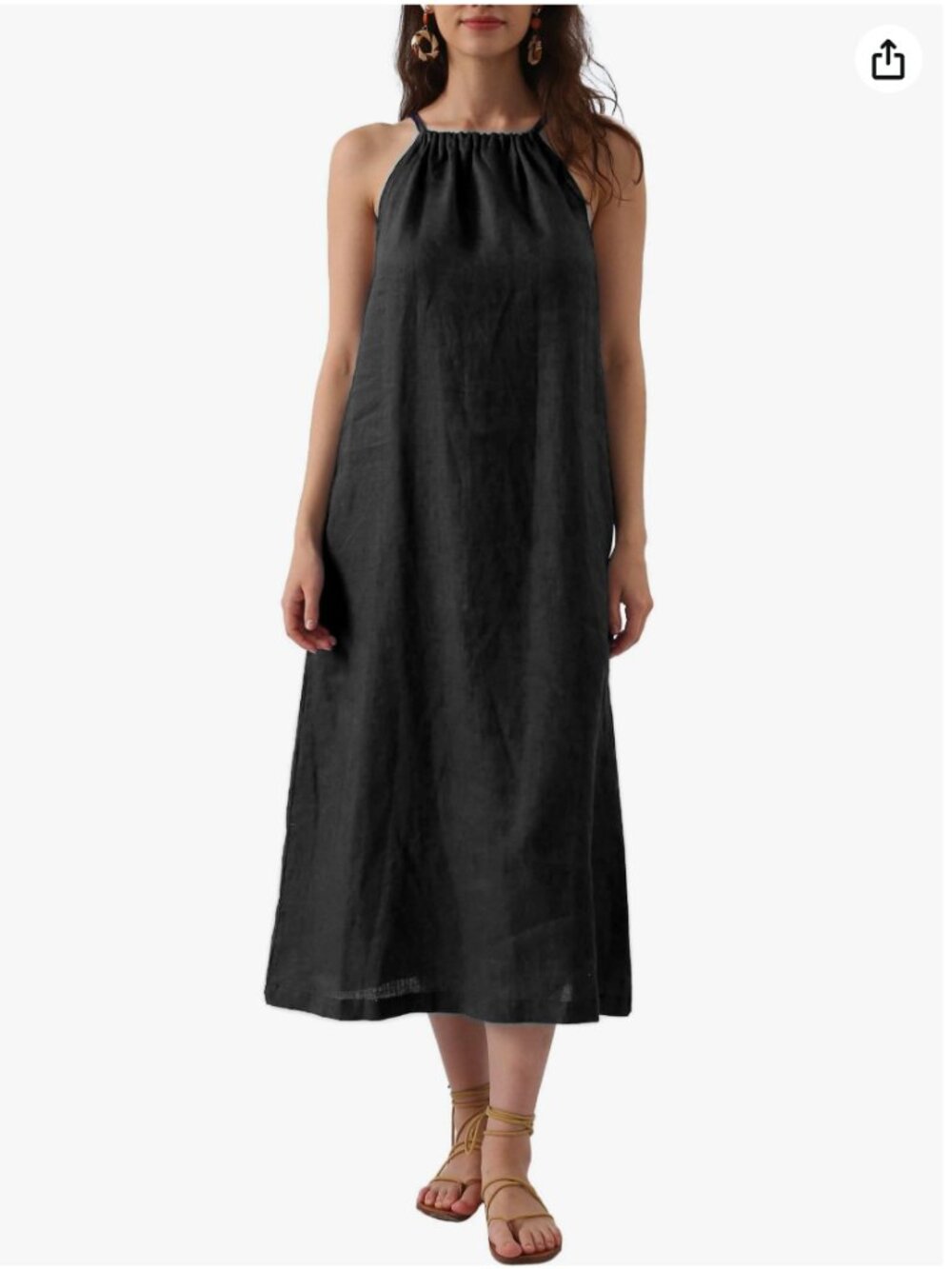 Amazhiyu Womens Linen Halter Sleeveless Midi Dress Tie Back with Belt Pockets S